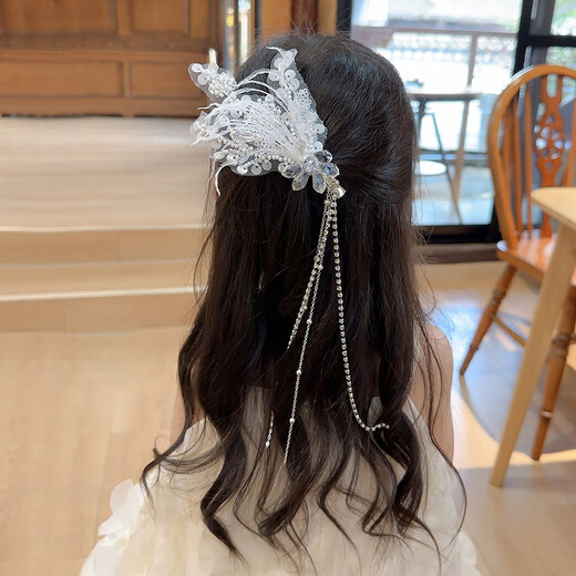 瑜尚臻品 发夹儿童女羽毛蝴蝶流苏发夹高级发卡头饰气质小女孩水钻边夹子 水晶羽毛发夹【一对】
