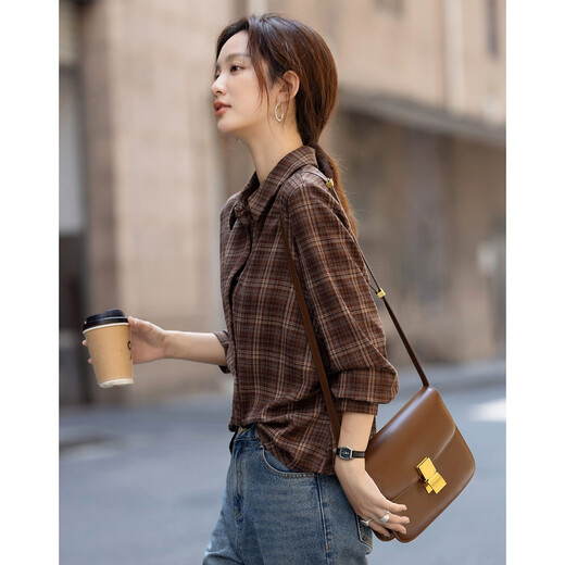 Demana Geometric Aesthetics Winter Intelligent Commuting Lapel Plaid Shirt Side Pleated Waist Shirt Women's Top