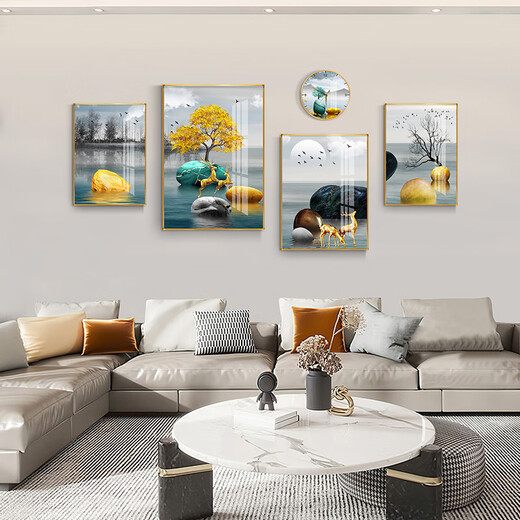摩琥客厅装饰画沙发背景墙新款壁画现代简约电视背景大气抽象四联挂画 福禄相随15941(含挂钟) 钢化晶瓷大组合-坚固耐用 黑框
