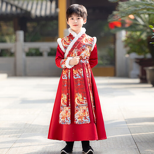 Modal children's Hanfu boys' winter plus velvet suit martial arts style New Year's greetings Chinese style red girls' Chinese school uniform 2024 Carp leaping over the dragon's door package one 120 yards recommended age 5-6 years old