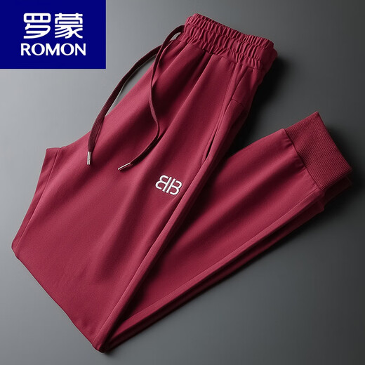 罗蒙（ROMON）运动裤男棉春秋薄款束脚休闲长裤小脚刺绣男士酒红色裤子男卫裤 黑色9928春秋薄款 M
