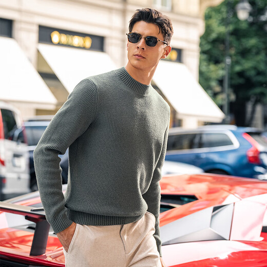 Mr. Bu halb hoher Hals Langarm Pullover Pullover Herren 2025 Frühling und Herbst Echtes Ledermarken Design High-End-Strickjacke BT15508 Rauchgrün M (170)