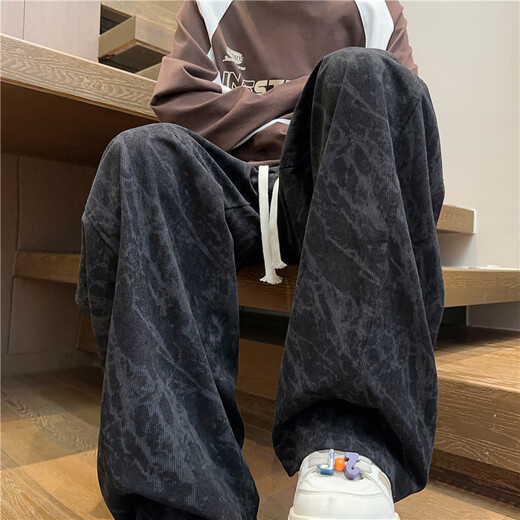 PTAT tie-dye corduroy pants for men, autumn and winter plus velvet straight loose wide-leg trousers American fashion brand printed casual pants pink regular L (recommended 110-130Jin Jin equals 0.5 kg)