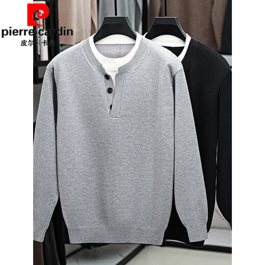 Pierre Cardin (pierre cardin) American retro fake two-piece Henry collar contrasting color sweater old money style lazy loose stacked small round neck sweater for men gray 2XL 180 suitable for 150-165Jin Jin is equal to 0.5 kg