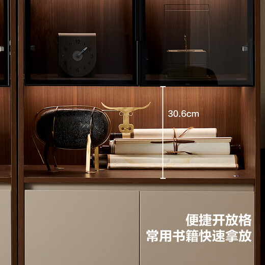 Quanyou Home New Chinese Bookcase Glass Display Cabinet Study File Cabinet Floor-standing Wall Storage Storage Cabinet Furniture Walnut Color + Beige Bookcase