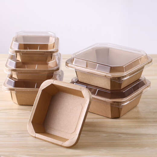 Disposable kraft paper lunch box takeaway fruit cutting box fruit packaging box dessert light salad octagonal bento paper bowl 500ml kraft paper octagonal box with lid 10 sets