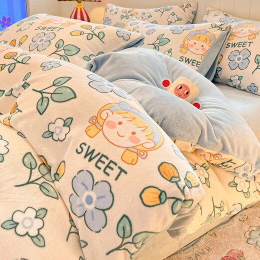 Saya ins style winter thickened coral velvet bed four-piece milk velvet duvet cover 200x230cm bed sheet and quilt cover set Happy Girl-Blue + Baby Blue Thickened and Warm 1.8m Sheet Style Four-piece Set-Duvet Cover 200x230cm
