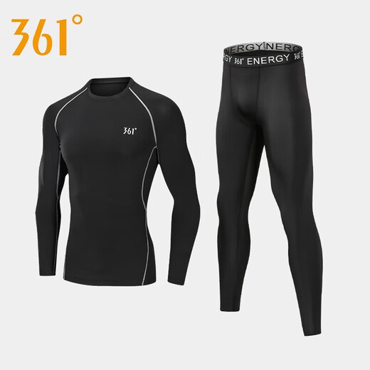361 Running sports suit quick-drying clothing for men in autumn and winter plus velvet to keep warm and elastic sports students tight training fitness clothing base elite long-sleeved 2-piece set 2XL
