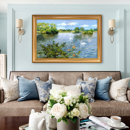 Impresionista Swan Lake Landscape pintada al aceite pintada a mano de estilo europeo Entrada de entrada Decoración Decoración de dormitorios Decoración de la sala de estar Decoración 692 MARCO DE MADERA DE ORO 80X60