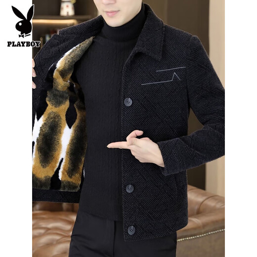 Playboy Winter Warm Plus Velvet Thick Woolen Jacket Men's Slim Casual Lapel Jacket Winter Short Woolen Coat Gray # Velvet L 110-130