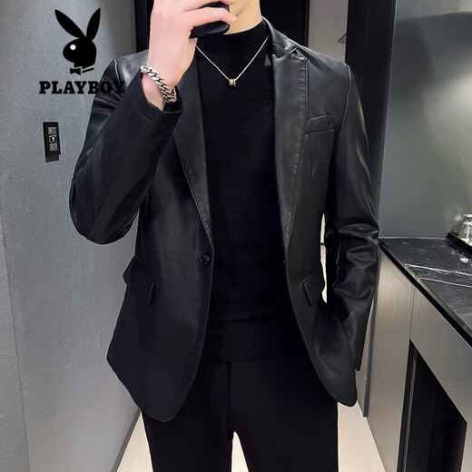 Playboy (PLAYBOY) suit men's genuine leather jacket Haining Spring and Autumn 2025 new jacket casual cowhide suit men's top black M suggests 100-120
