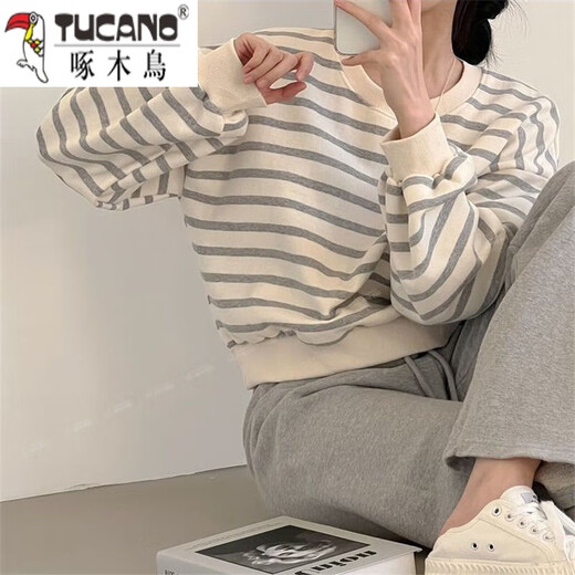 啄木鸟条纹卫衣女款宽松慵懒风加绒甜辣春秋冬季上衣服外套韩版潮流 9923卫衣 黑色 薄款 S 65-80斤