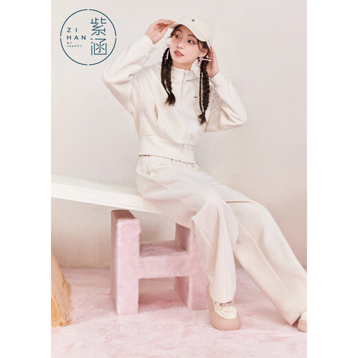 Zihan (ZIHAN) Zihan short waisted hooded top straight wide leg loose casual pants two-piece suit for women 2024 winter new style rice gold XL