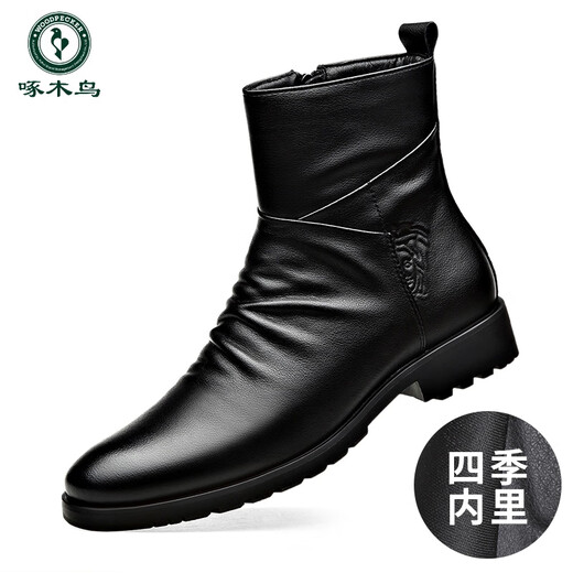 Holzspecker Chelsea -Stiefel Männer echtes Leder Low Top Retro weiche Lederseite Reißverschluss Britisch -Top Short Stiefel und Fleece Martin Boots Herren Schwarz -1 Single Schuh Flachferse 38 240