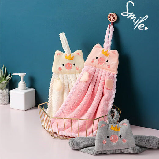 Cartoon Hand Towel Thickened Hanging Towel Kitchen Children's Hand Wipe Absorbent Bathroom Household Cute Piggy Drying Hand Towel White-1 Pack No Specifications