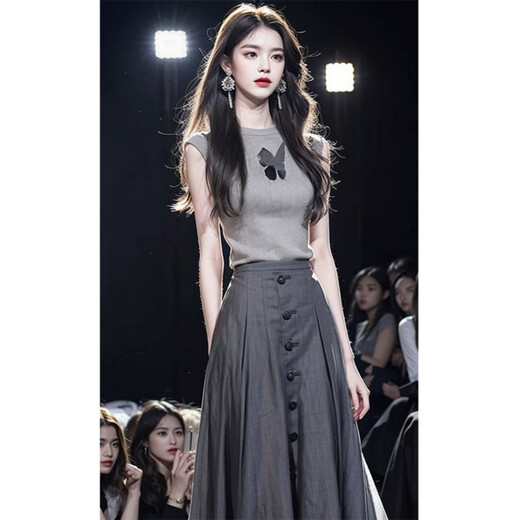 欧迪惠（Oudihui）2025年新款名媛法式连衣裙女装夏季小洋装无袖上衣半身裙子女套装 灰色套装 M