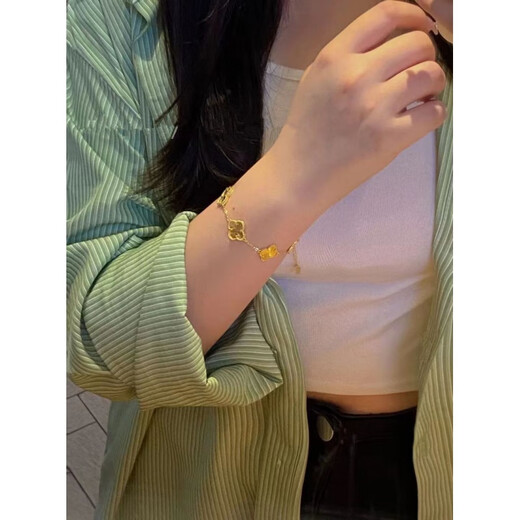 Five-flowered four-leaf clover bracelet new 24K gold women's 999 plain gold clover bracelet 3D hard four-leaf clover ring #6, about 4.2 grams