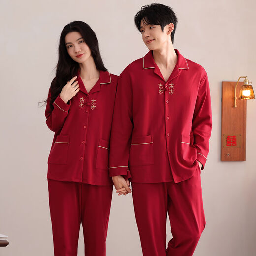 LangSha Couple Pajamas Men and Women Pure Cotton Long Sleeve Wedding New Year's Year Red Festive New 2025 Spring and Autumn Home Clothing Forever XL Women's Style