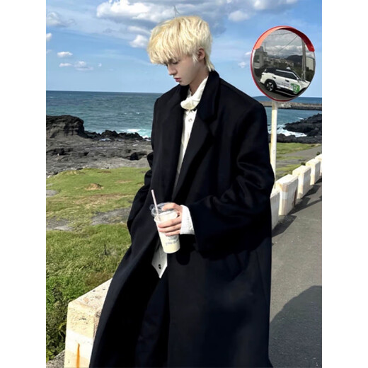 Ivansby's new autumn and winter woolen suit collar double-breasted warm coat lazy style thickened coat drape men's knee-high windbreaker black cotton 2XL