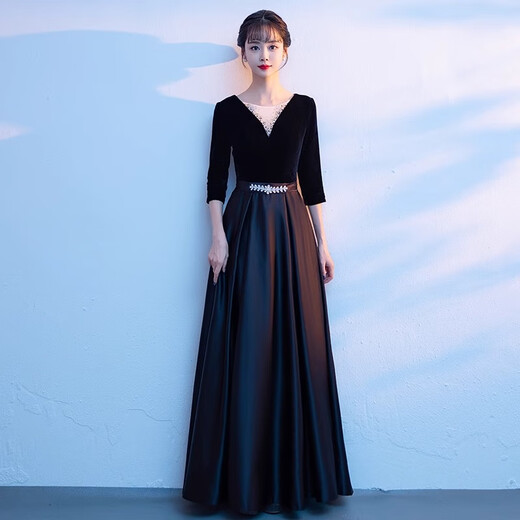 丽佰昕黑色大合唱团演出服女长裙主持人年会服装宴会高端大气指挥晚礼服 黑色 3XL  建议130-135斤