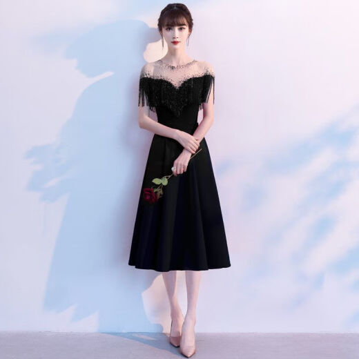 Hanyu annual meeting dress for women 2023 new style can be worn at ordinary times evening dress summer small black banquet temperament chorus performance black long XL