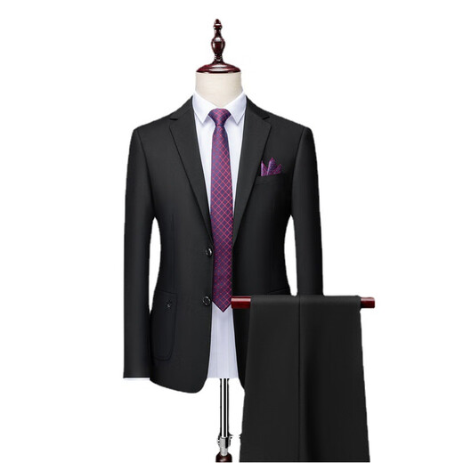Angel Bird Men's Suit Casual Suit Professional Business Two-piece Autumn and Winter Groom's Dress Two-Button Work Clothes Solid Color Black (Top + Pants) S