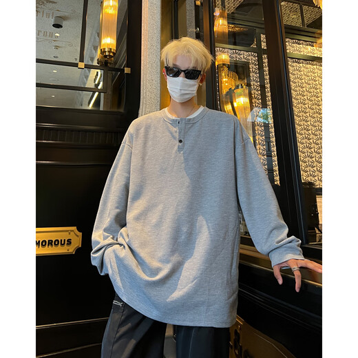 至唯 美式潮流亨利领长袖T恤男装春秋季男款卫衣青少年学生打底衫衣服 白色 XL