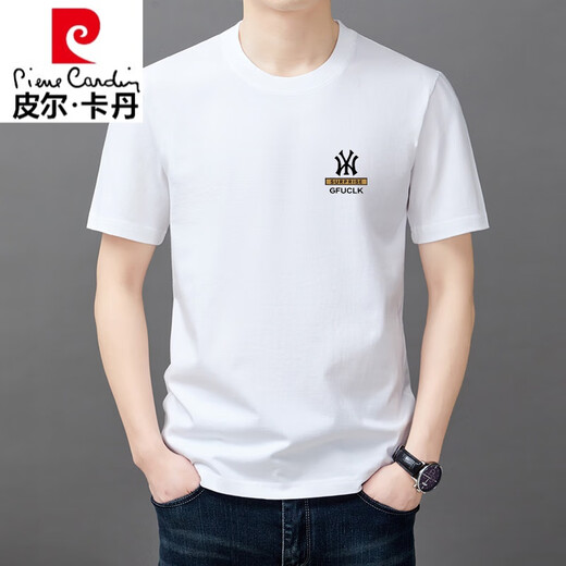 皮尔卡丹（pierre cardin）夏季新款高档纯棉男士韩版休闲百搭圆领短袖T恤全棉男装潮针织 短袖YW9929白色 170/L建议120-135斤