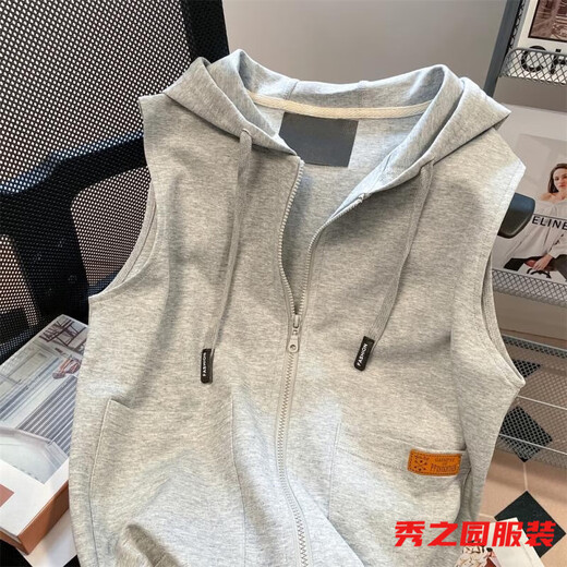 La nueva sudadera con chaleco sin mangas de Van Zhesha para la primavera, la chaqueta de cárdigan con capucha de las mujeres, estilo coreano, el chaleco con cremallera con cremallera 841 Grey Vertical Horse Clip M 165