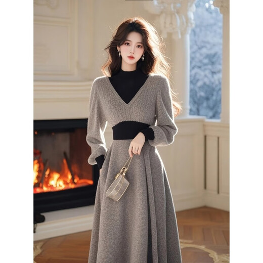 Yanxun Gray High Collar Knitted Dress Women's 2025 Winter High-Quality Super Nice-looking Waist Wrap Long Skirt Gray M