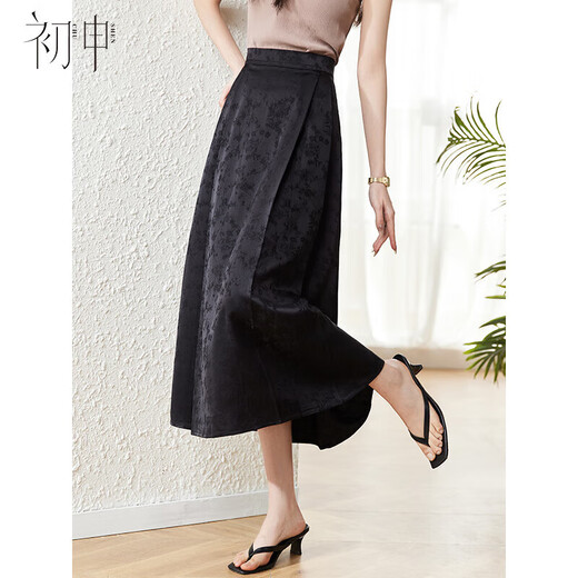 Chushen Spring and Summer New Chinese Style Skirt Women's Design Jacquard High Waist Pleated Improved Horse-Faced Skirt S143B1422 Black M