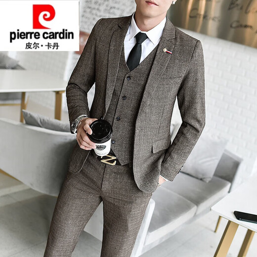 Pierre Cardin Young Men's Suit Korean Style Slim Men's Casual Three-piece Groomsmen and Grooms Wedding Dress Suit Brown Three-piece Suit (Top Pants Shirt) with XL 31120-135Jin Jin is equal to 0.5 kg