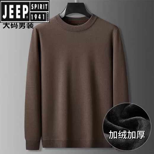 JEEP SPIRIT秋冬加厚加绒大码男士针织毛衣加肥加大圆领套头毛线衣保暖打底衫 黑色 L (建议130-150斤)