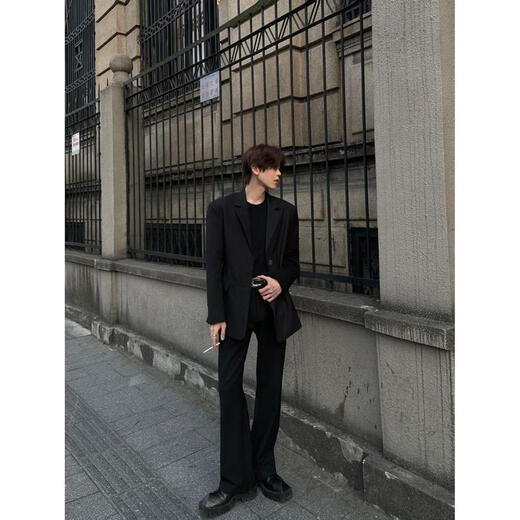 Xinghelai black casual suit jacket men's spring and autumn style yuppie men's trendy brand Hong Kong style Korean style suit complete set black suit + black trousers 2-piece set L 125Jin Jin equals 0.5 kg within