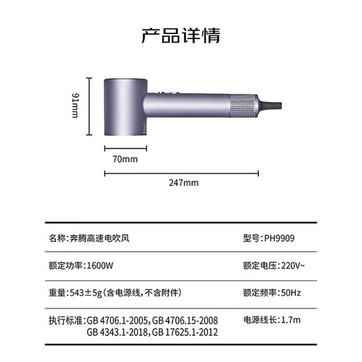 奔腾（POVOS）吹风机家用高速负离子电吹风机 大风力速干低噪音学生宿舍便携风筒送女生日礼物七夕礼物 水晶紫【经典入门PH9909】赠风嘴+赠礼盒