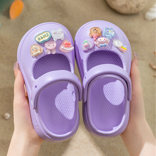 Children's Sandals Girls 2024 Summer New Style Mary Jane Princess Anti-Slip Soft Sole Parent-Child Girls Hole Slippers Cream White (Flower) 26-27 Inner Length 17.5cm