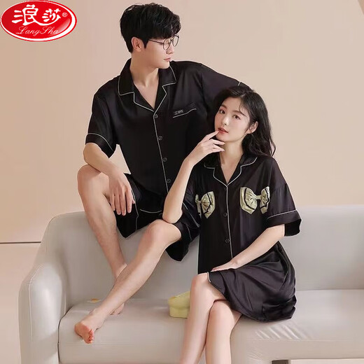 Langsha 2 set price ice silk couple pajamas 2025 summer new thin short-sleeved nightgown women's home wear imitation silk G6210 couple female nightgown M female + male L