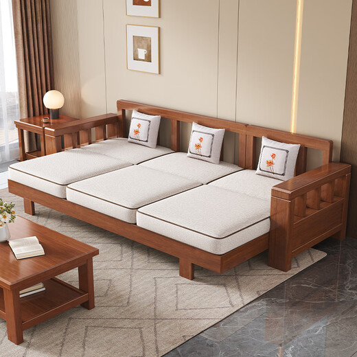 Mu Tisen Chinese solid wood sofa living room combination modern simple large and small apartment sofa bed dual-purpose fabric furniture removable and washable four-seater + imperial concubine couch special price impulse