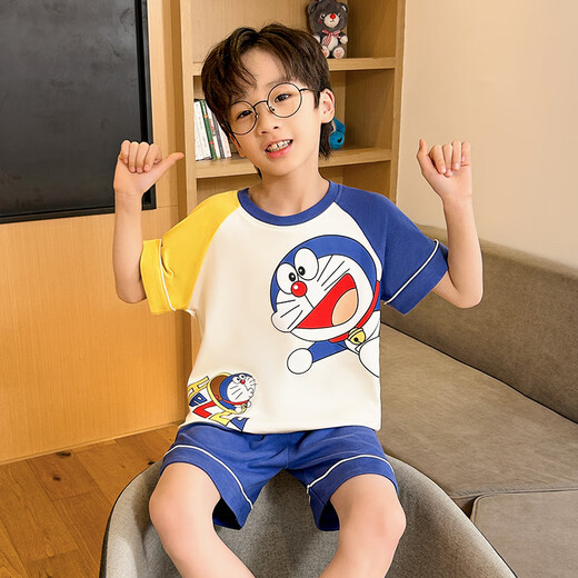 儿童睡衣男孩夏季纯棉男童短袖中大童小孩蜡笔小新薄款家居服套装 DZ6630插色叮当 小童10码身高105-115cm38斤内