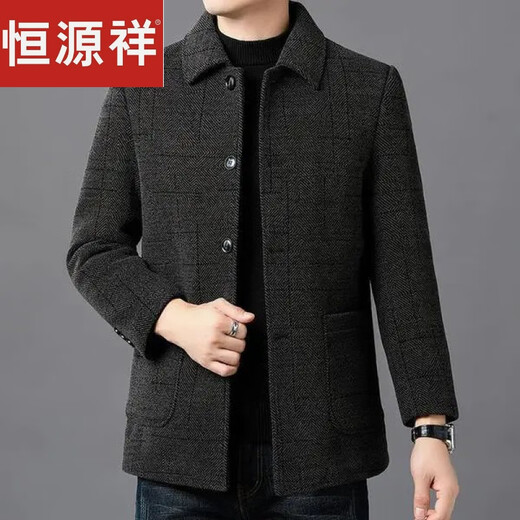 恒源祥高档双面羊绒大衣男冬季厚款中老年爸爸装休闲外套男士羊毛呢子衣 扣子雪尼尔-咖色【中长款】 175/92A