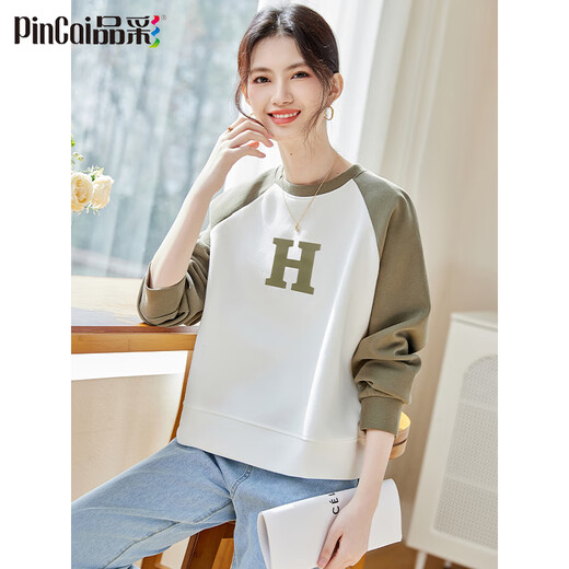 Pincai Sweatshirt für Frauen Herbst Raglan -Ärmel kontrastierende Farbspleißen Sweatshirt -Buchstaben runden Hals Langarm Top P129W1396 Drucken