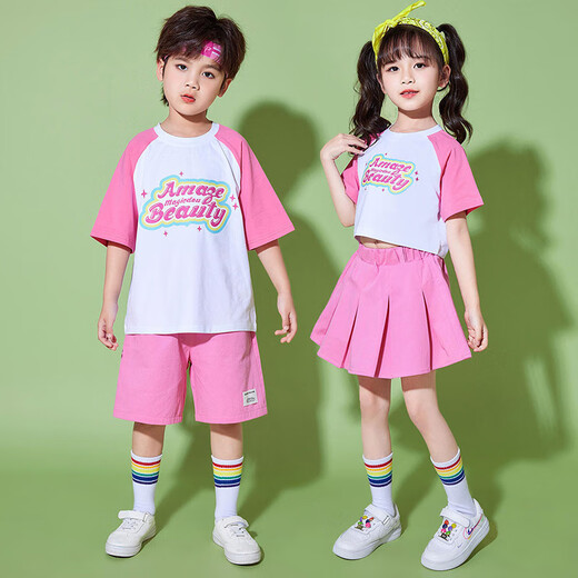 YAWULFE幼儿园啦啦队六一儿童节演出服可爱风粉色短袖拉拉操舞蹈表演服装 605粉白拼色短袖+701粉色短裤 120cm
