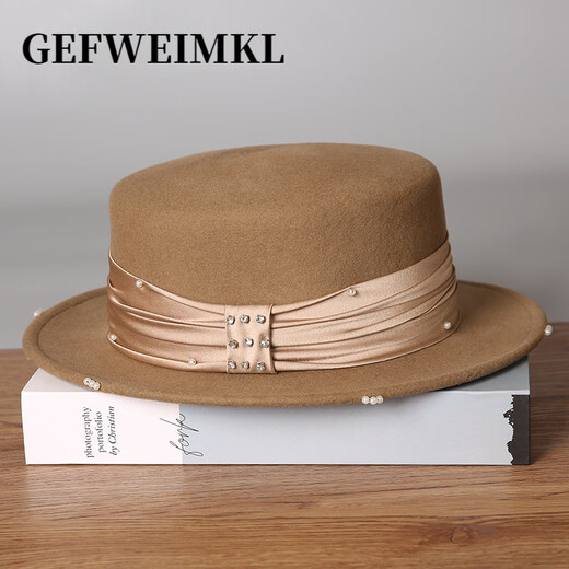GEFWEIMKL French Pearl Bow Flat Top Women's Hat Autumn and Winter New Merino Wool Felt Hat Hepburn Style Hat Women Light Gray One Size (56-58cm)