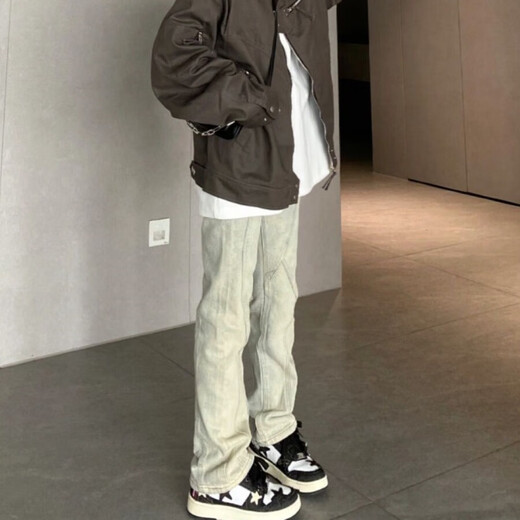 7 Hochwertige amerikanische Retro-Vibe Jeans Herren High Street Retro Trendy Brandwäsche gelbe Schlammhose schlank gerade ausgestellte Hosen Cyxfs-N826 Gelb Schlammfarbe L.