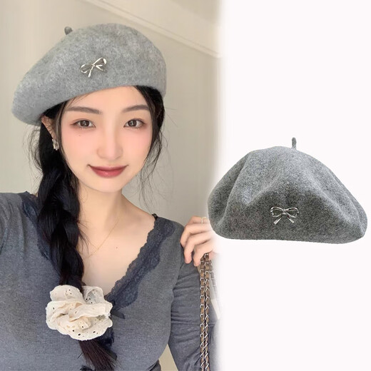 Yi Jian beret with bow for women, versatile temperament, retro fashion painter hat, autumn and winter hat with wool beret, exquisite bow beret, gray, one size fits all (recommended 55-57cm)