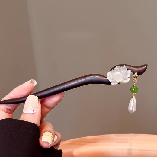 Yin Muchi ancient style lotus sandalwood hairpin for women Chinese style tassel hairpin simple hairpin headdress birthday gift F2893 lotus hairpin brand gift box
