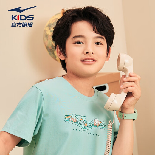 Hongxing Erke children's short-sleeved children's clothing boys and girls summer tops short T-shirt breathable T-shirt for large children solid color porcelain blue 130