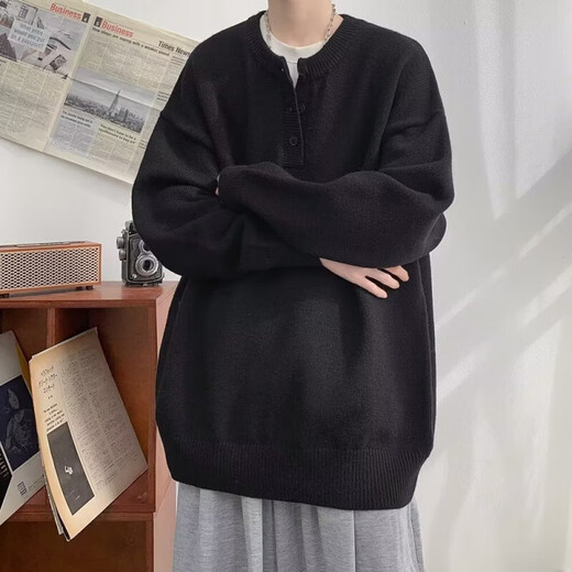 Autumn and winter American Henry collar sweater men's sweater American retro casual lazy style sweater men's solid color sweater dark gray 3XL