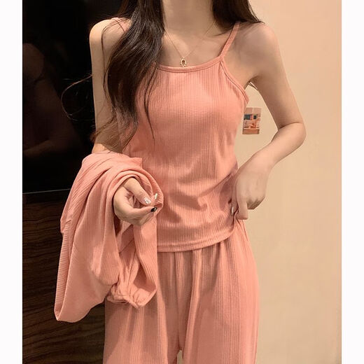 
Catman four-season pajamas for women pure cotton 2025 new pure and sweet style with chest pad simple blue three-piece set 831 apricot color with chest pad removable L Recommended 95-110Jin [Jin equals 0.5 kg]