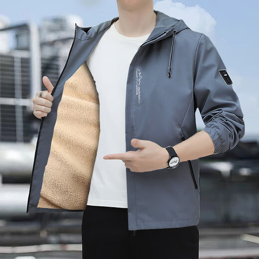 Jacket Men's 2025 Autumn and Winter New Loose Trendy Versatile Hooded Jacket Men's Velvet Thickened Casual Windbreaker Mist Blue 4XL